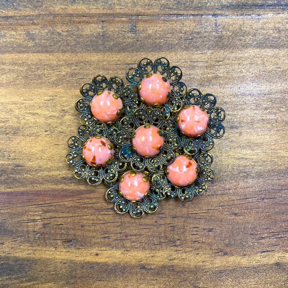 Vintage Czech Filigree and Molded Glass Cabochon Brooch